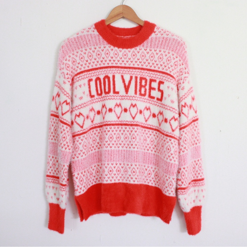 aerie Pink & Red 'Cool Vibes' Heart Pattern Crewneck Sweater